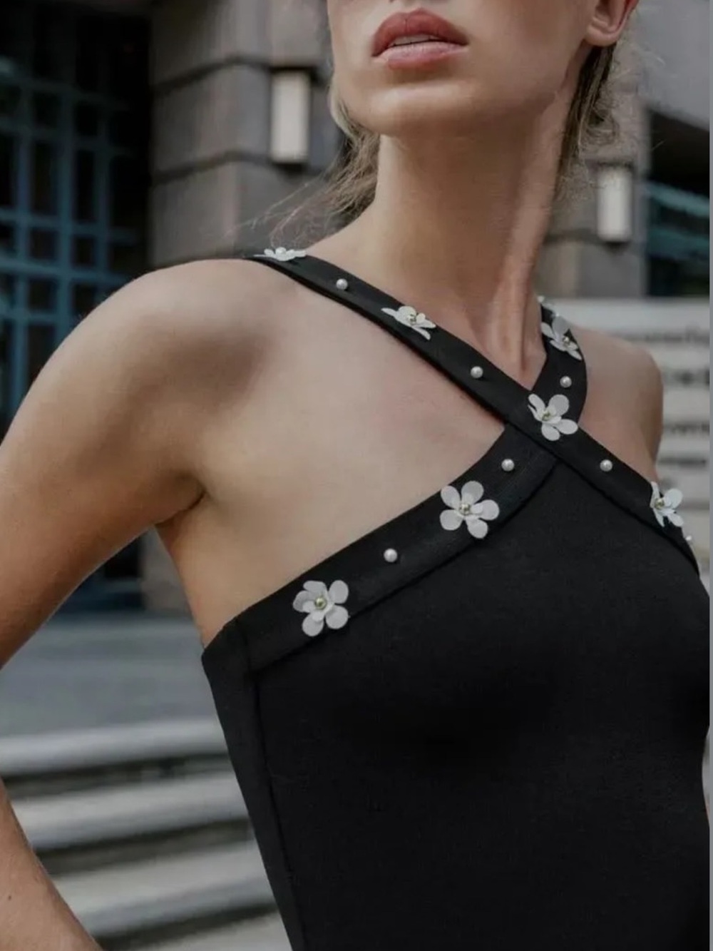 Zara Black One-Shoulder Dress with White Floral Appliqués